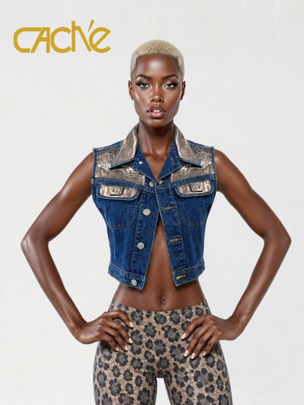 Cropped sleeveless denim vest from Caché.